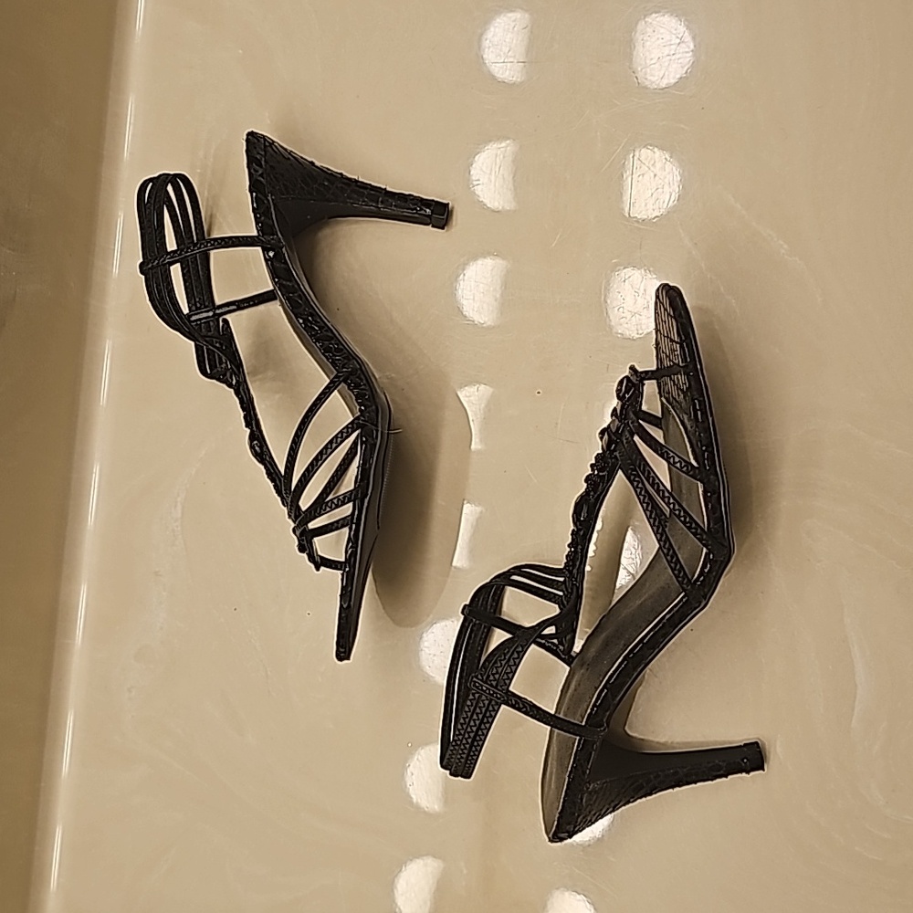 Dainty Beaded Black Sandal Heels, Faux Leather